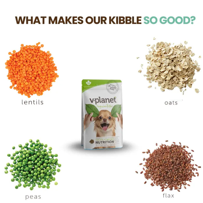 V-Planet kibble ingredients: lentils, oats, peas and flax