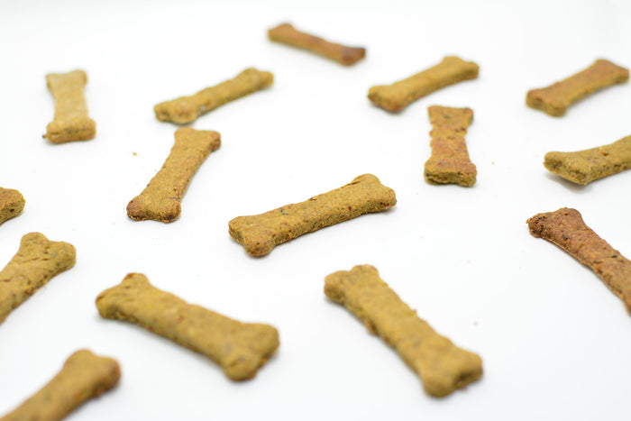Bone-shaped dog treats on a white background