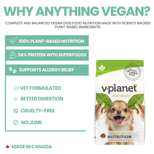 V-Planet Mini Bites bag with complete and balanced plant-based nutrition highlights